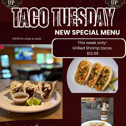 Taco Tuesday flyer — grilled shrimp tacos $12.99
